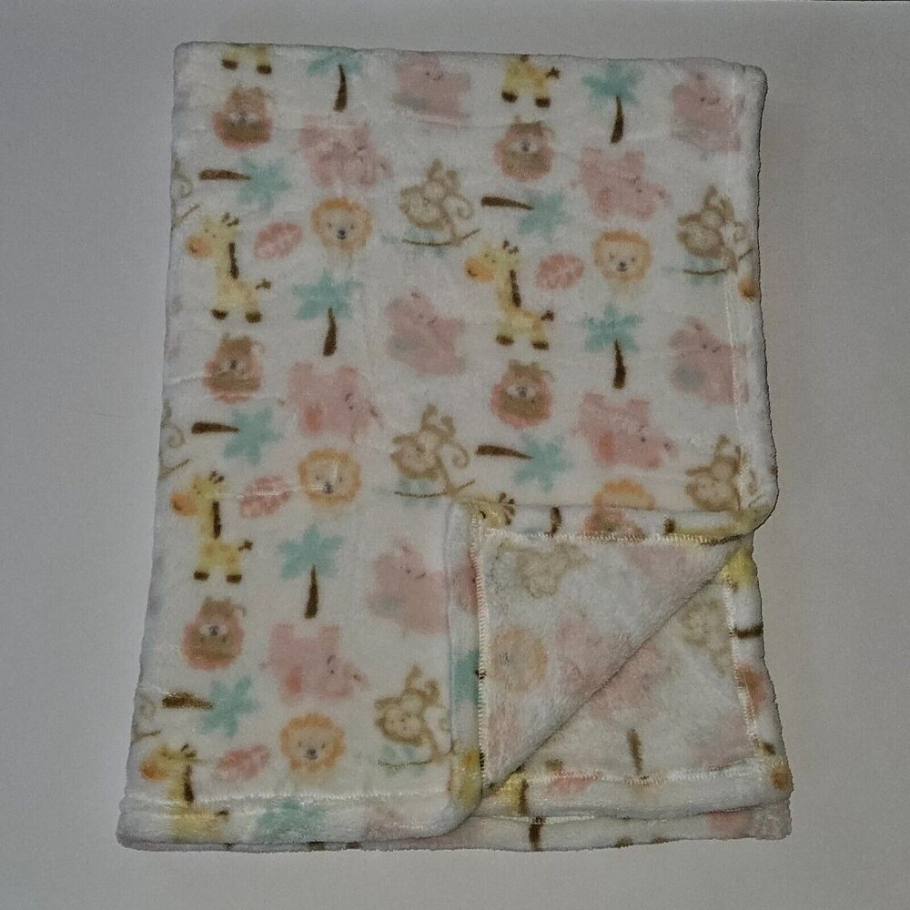 Baby Starters Safari Blanket Lion Giraffe Monkey Pink Elephant Palm Tree 30x36
